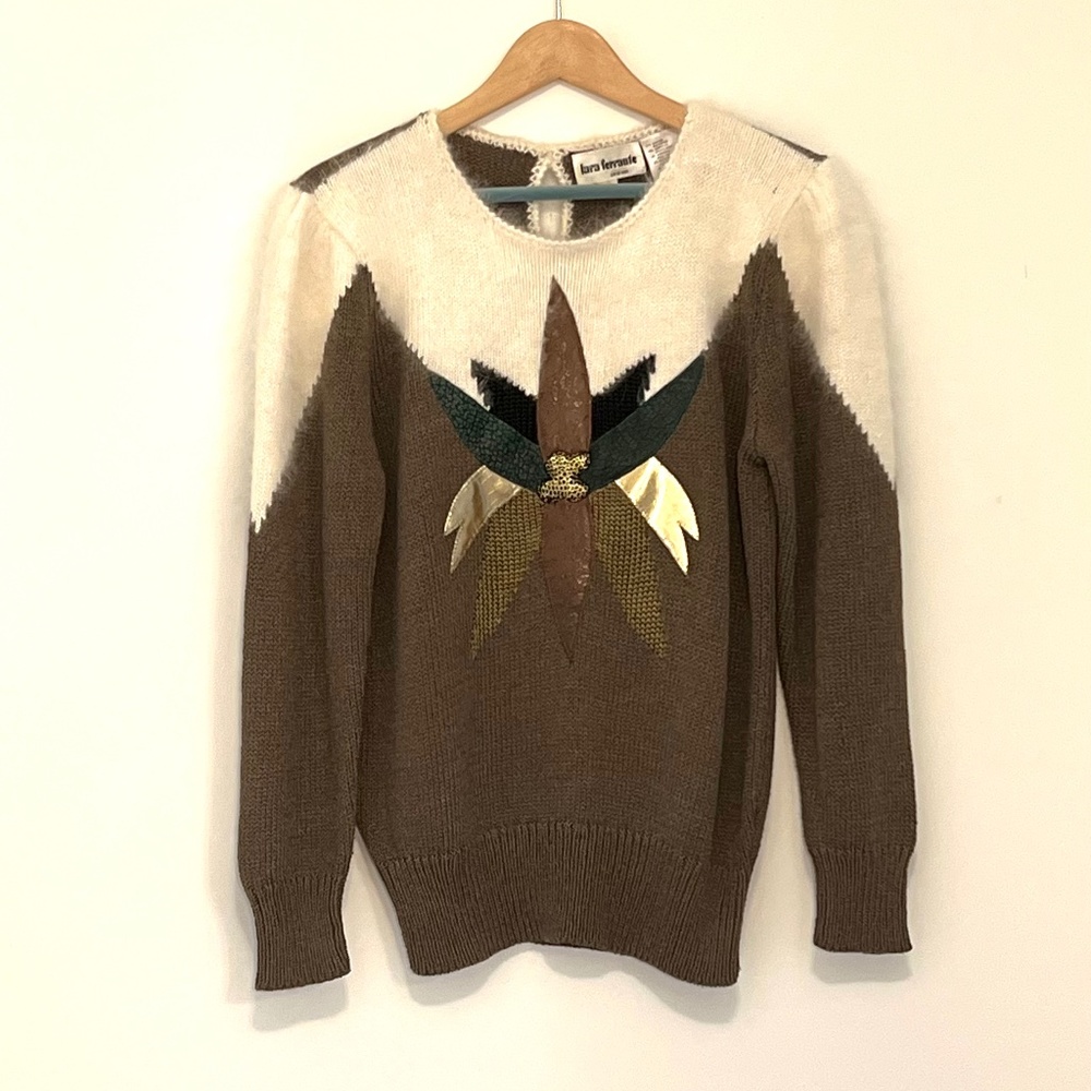 Vintage Lara Ferrante Sweater Rabbit Fur Leather Size Small